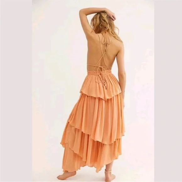 Free People Drop Dead Beauty Tiered Maxi Dress XS Orange - Picture 3 of 11
